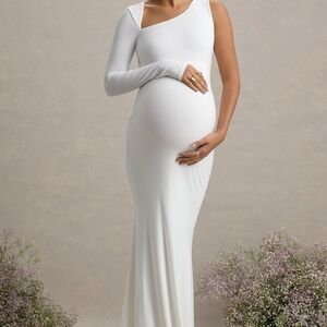 Club L London One-Shoulder White Maternity Dress Long | Robe Maternité Blanche